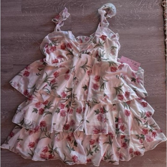 Floral Ruffle Dress Women's Knit Chiffon Tiered Ruffle Sleeve Mini A-Line Dress - Picture 2 of 3